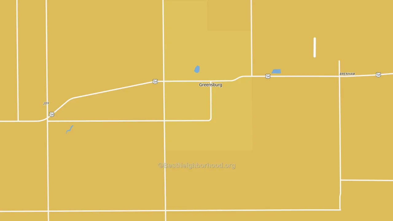 Map of the best neighborhoods in the 67054 area, with better matches in green and worse matches in red