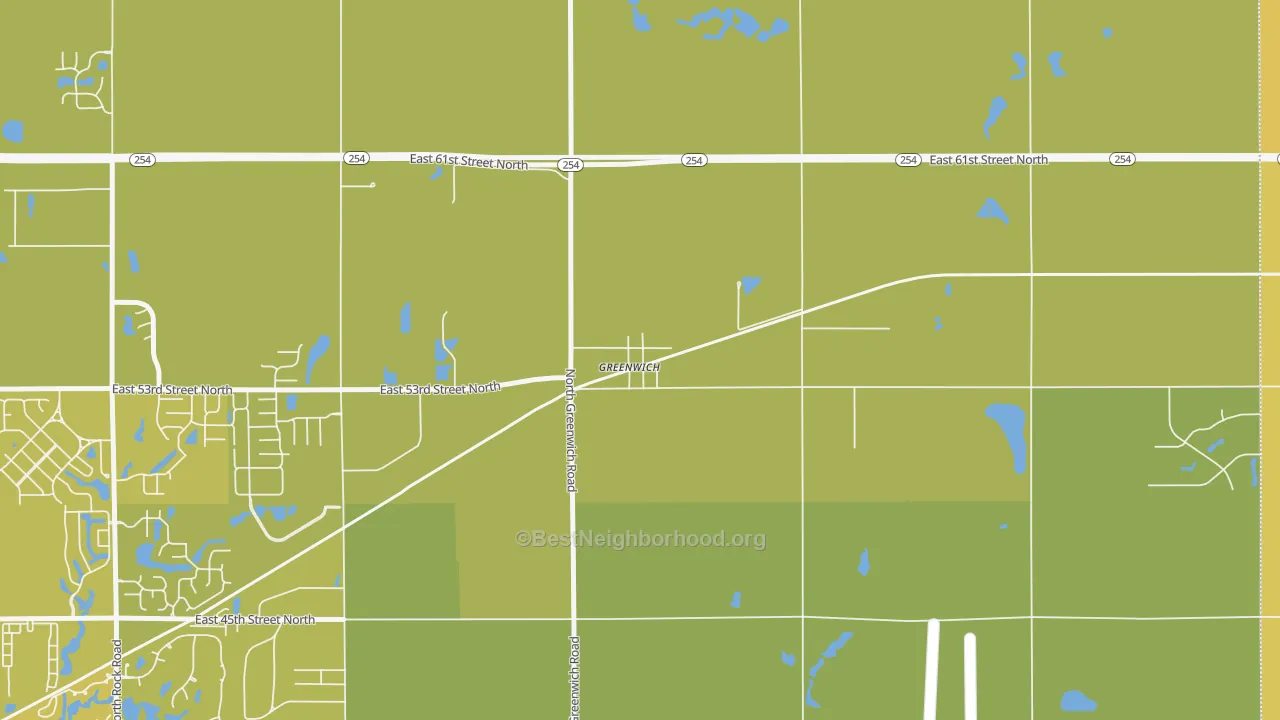Map of the best neighborhoods in the 67055 area, with better matches in green and worse matches in red