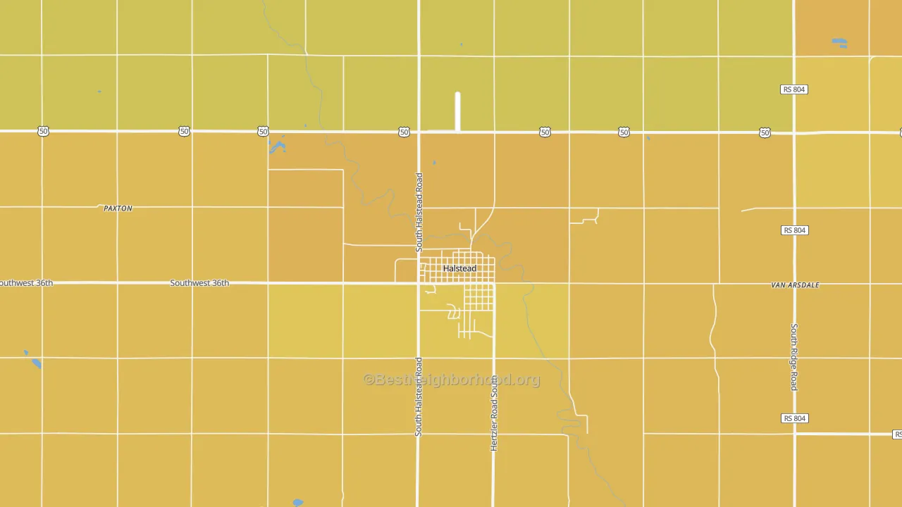 Map of the best neighborhoods in the 67056 area, with better matches in green and worse matches in red