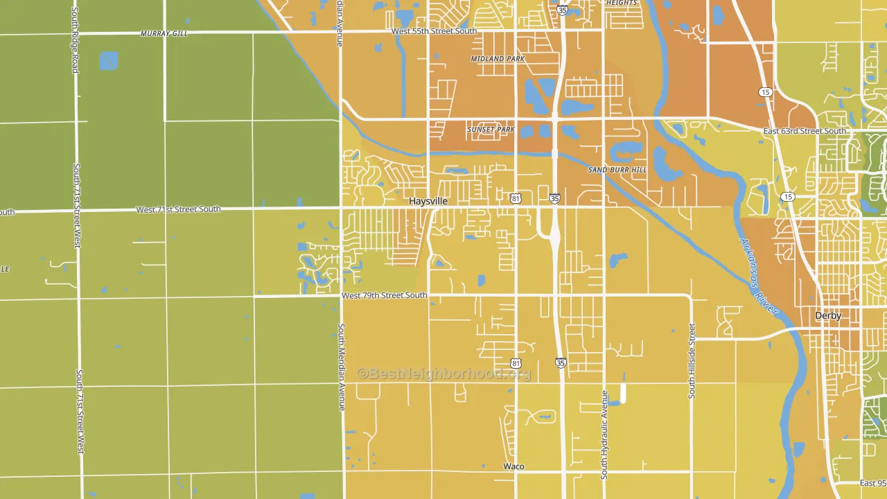 Map of the best neighborhoods in the 67060 area, with better matches in green and worse matches in red