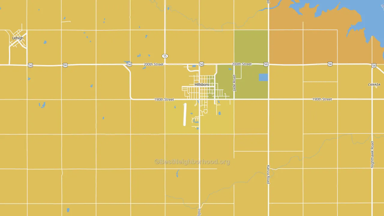 Map of the best neighborhoods in the 67063 area, with better matches in green and worse matches in red
