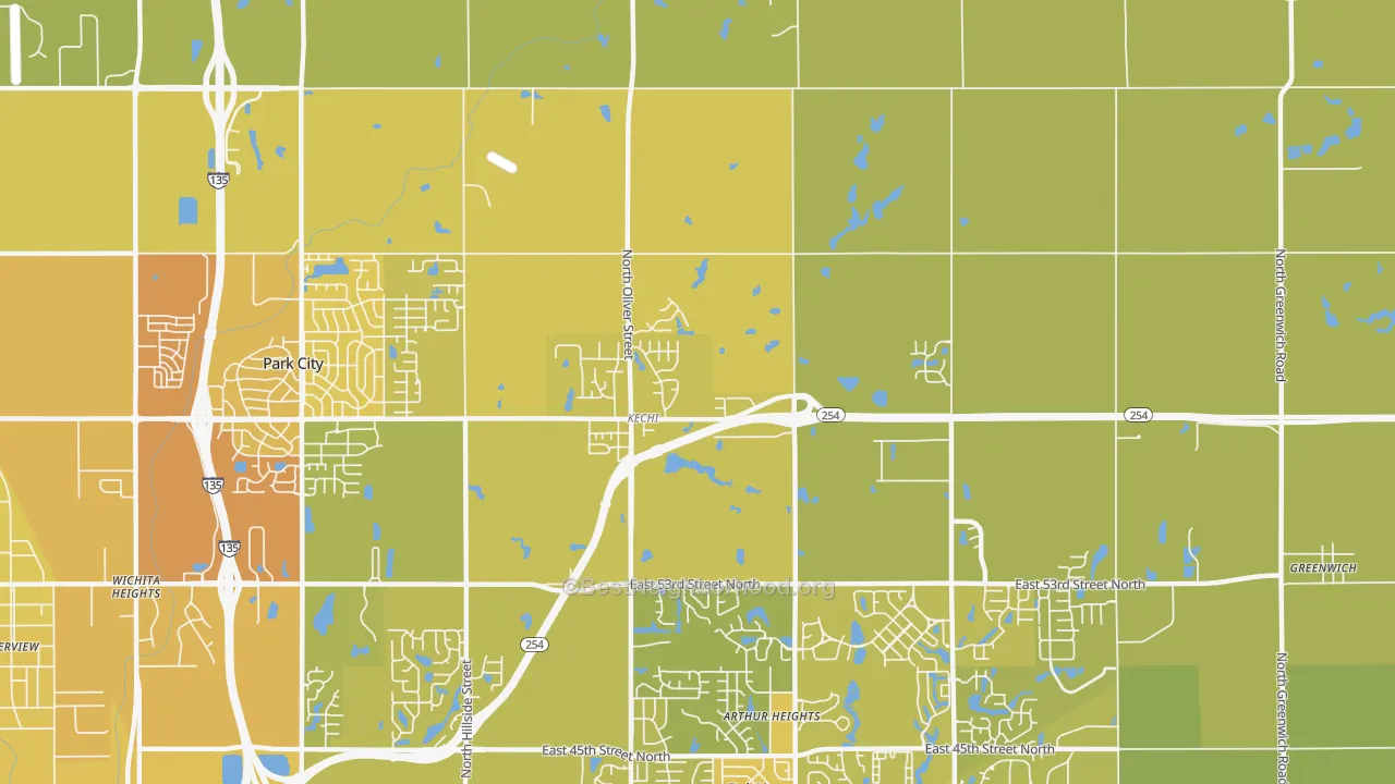 Map of the best neighborhoods in the 67067 area, with better matches in green and worse matches in red