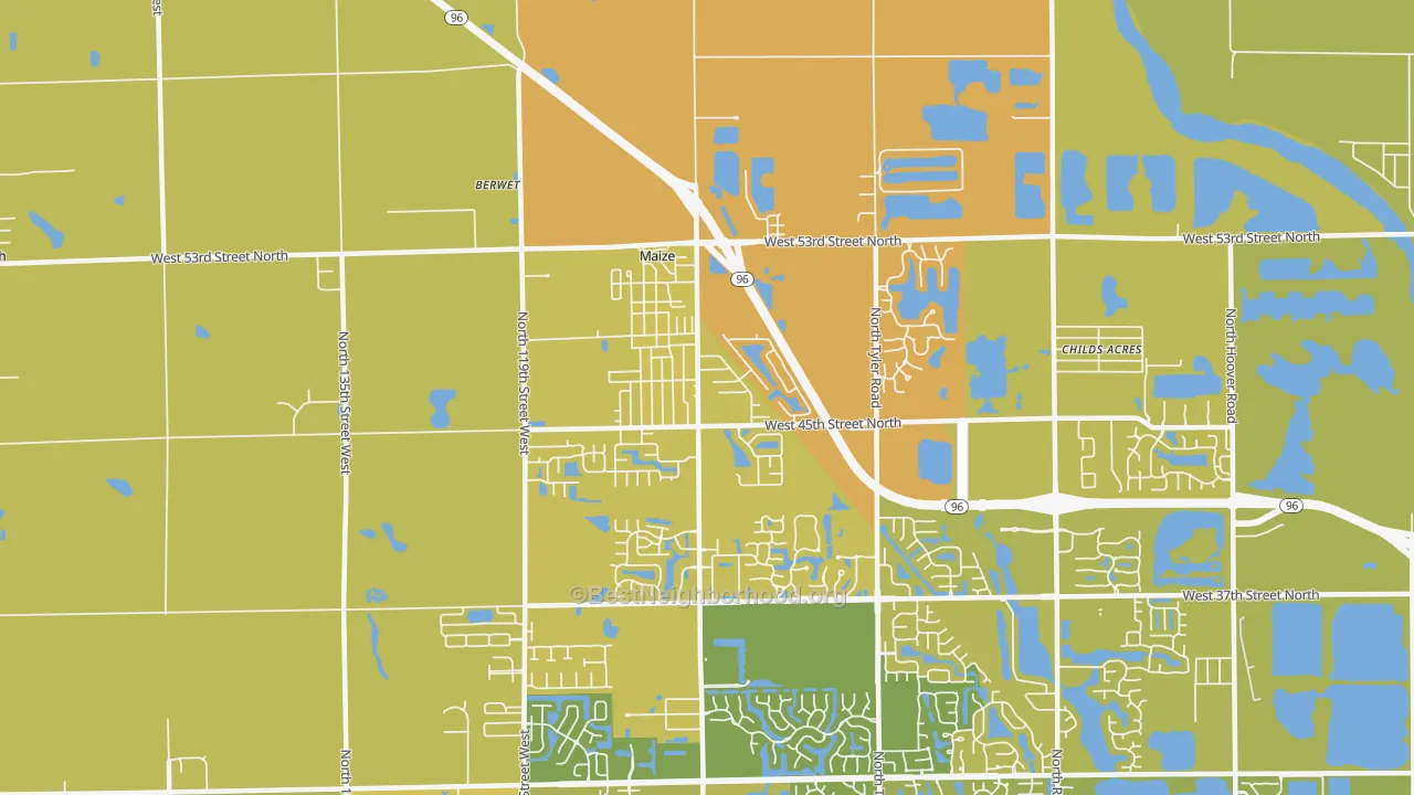 Map of the best neighborhoods in the 67101 area, with better matches in green and worse matches in red