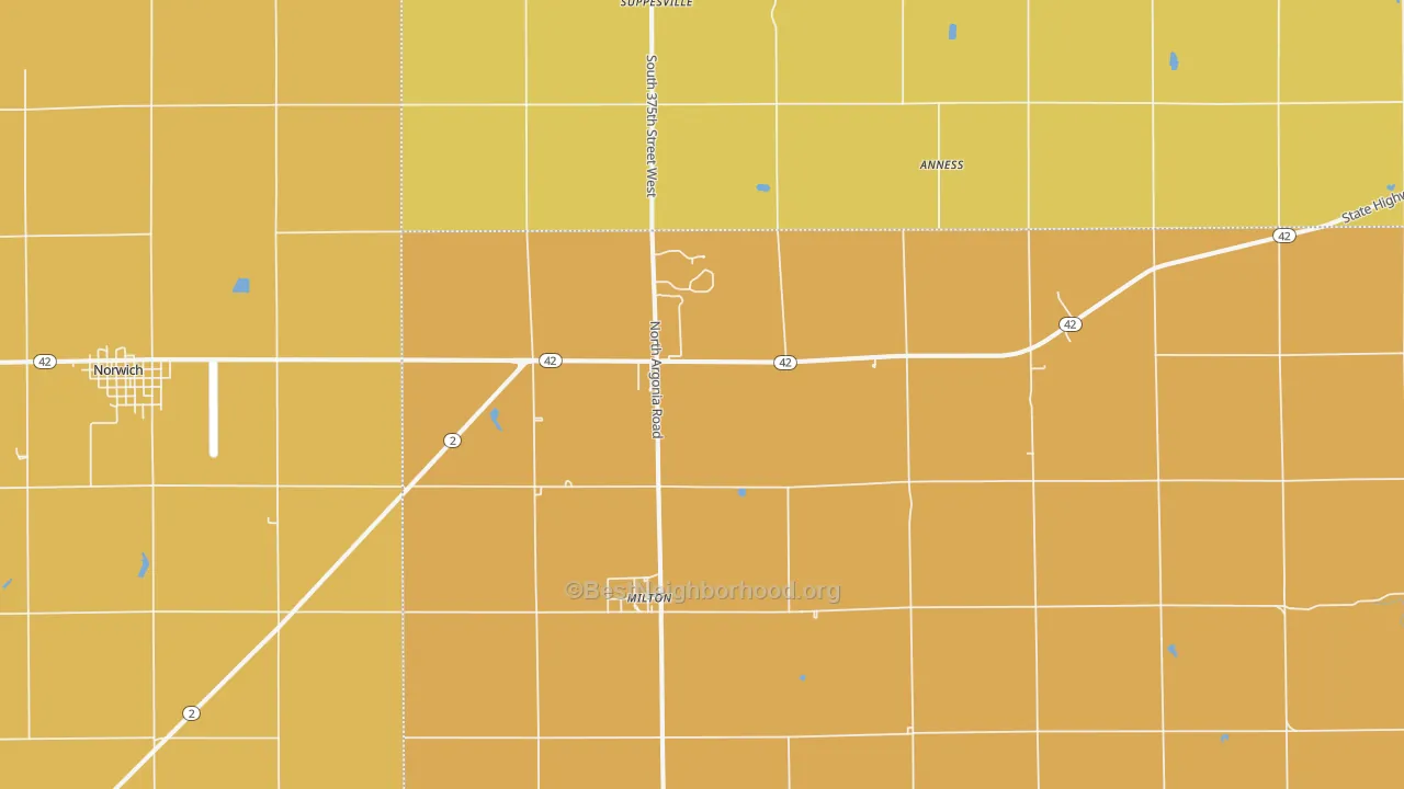 Map of the best neighborhoods in the 67106 area, with better matches in green and worse matches in red