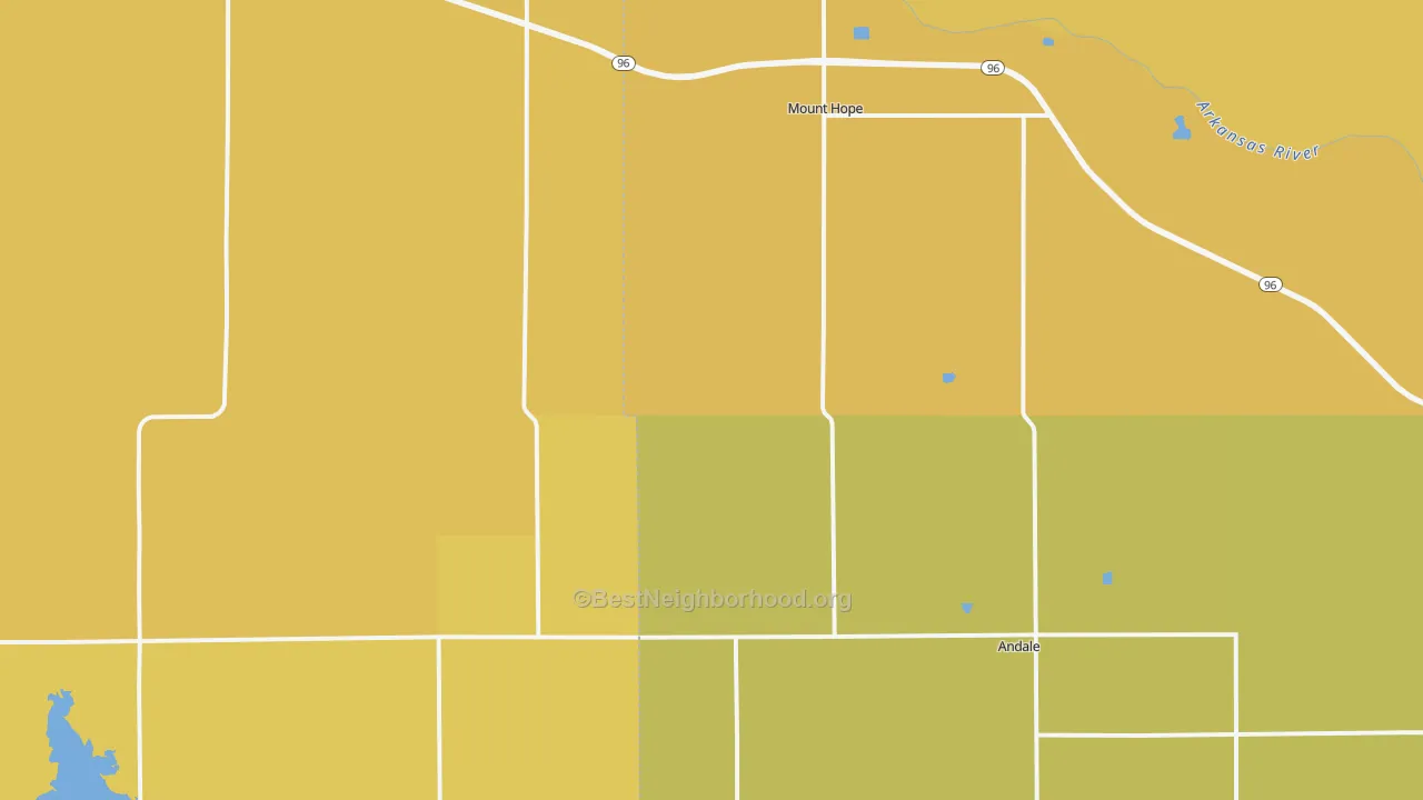 Map of the best neighborhoods in the 67108 area, with better matches in green and worse matches in red
