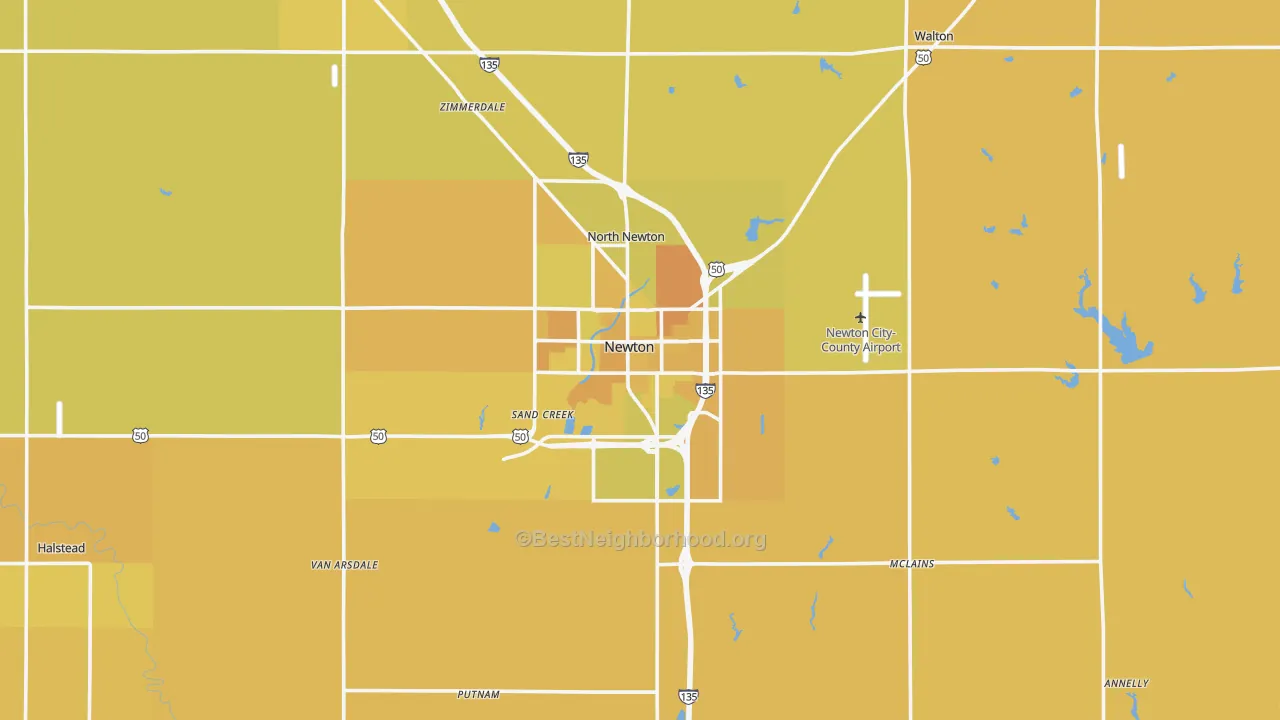Map of the best neighborhoods in the 67114 area, with better matches in green and worse matches in red