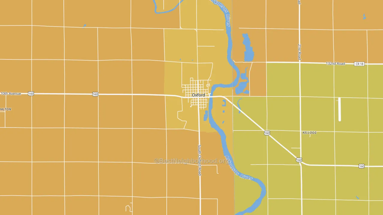 Map of the best neighborhoods in the 67119 area, with better matches in green and worse matches in red