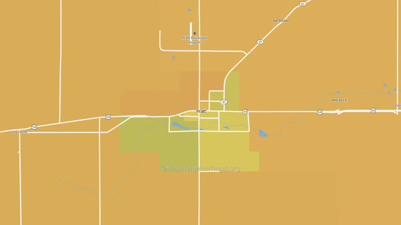 Map of the best neighborhoods in the 67124 area, with better matches in green and worse matches in red