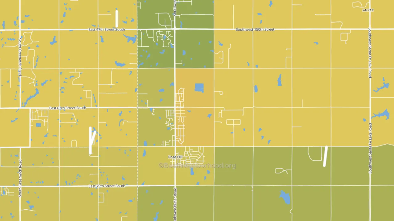 Map of the best neighborhoods in the 67133 area, with better matches in green and worse matches in red