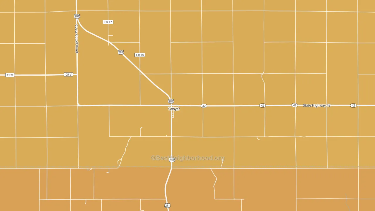 Map of the best neighborhoods in the 67134 area, with better matches in green and worse matches in red
