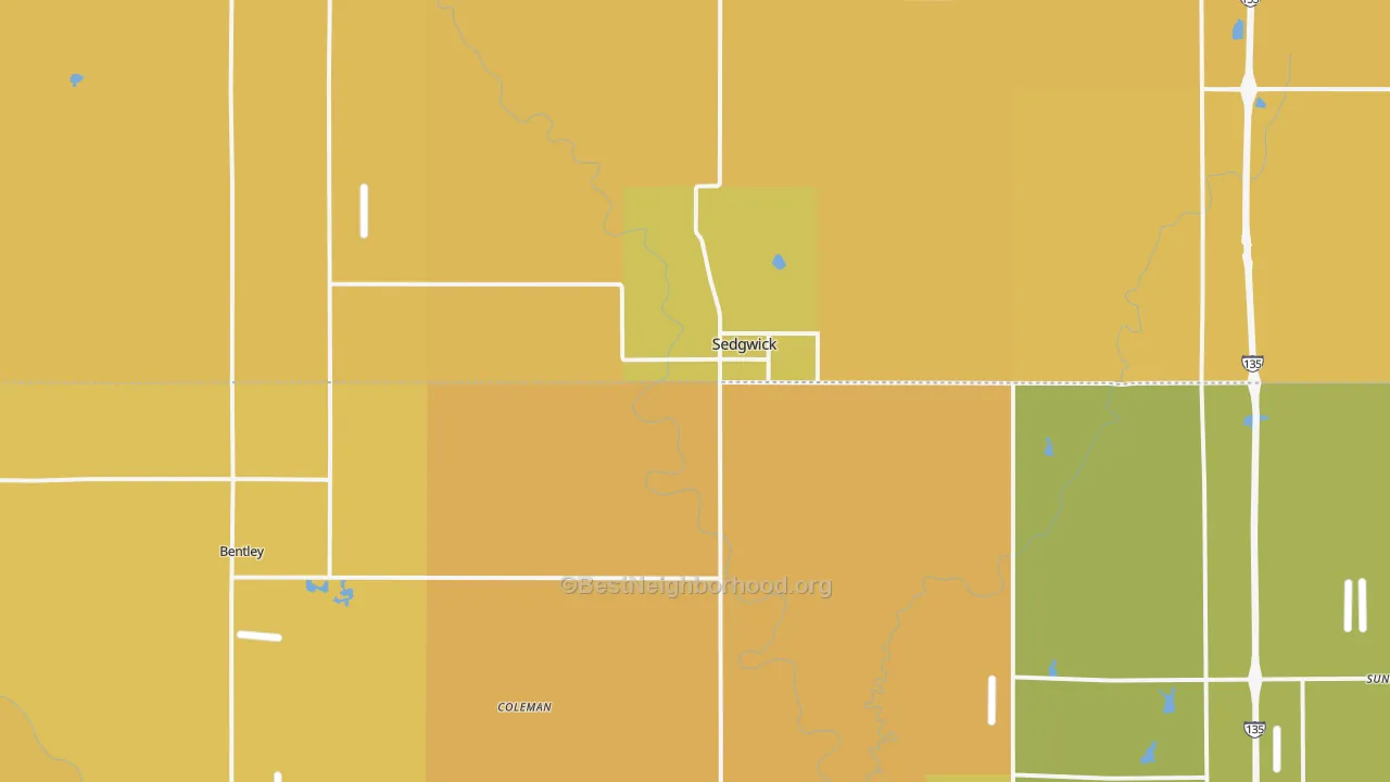 Map of the best neighborhoods in the 67135 area, with better matches in green and worse matches in red