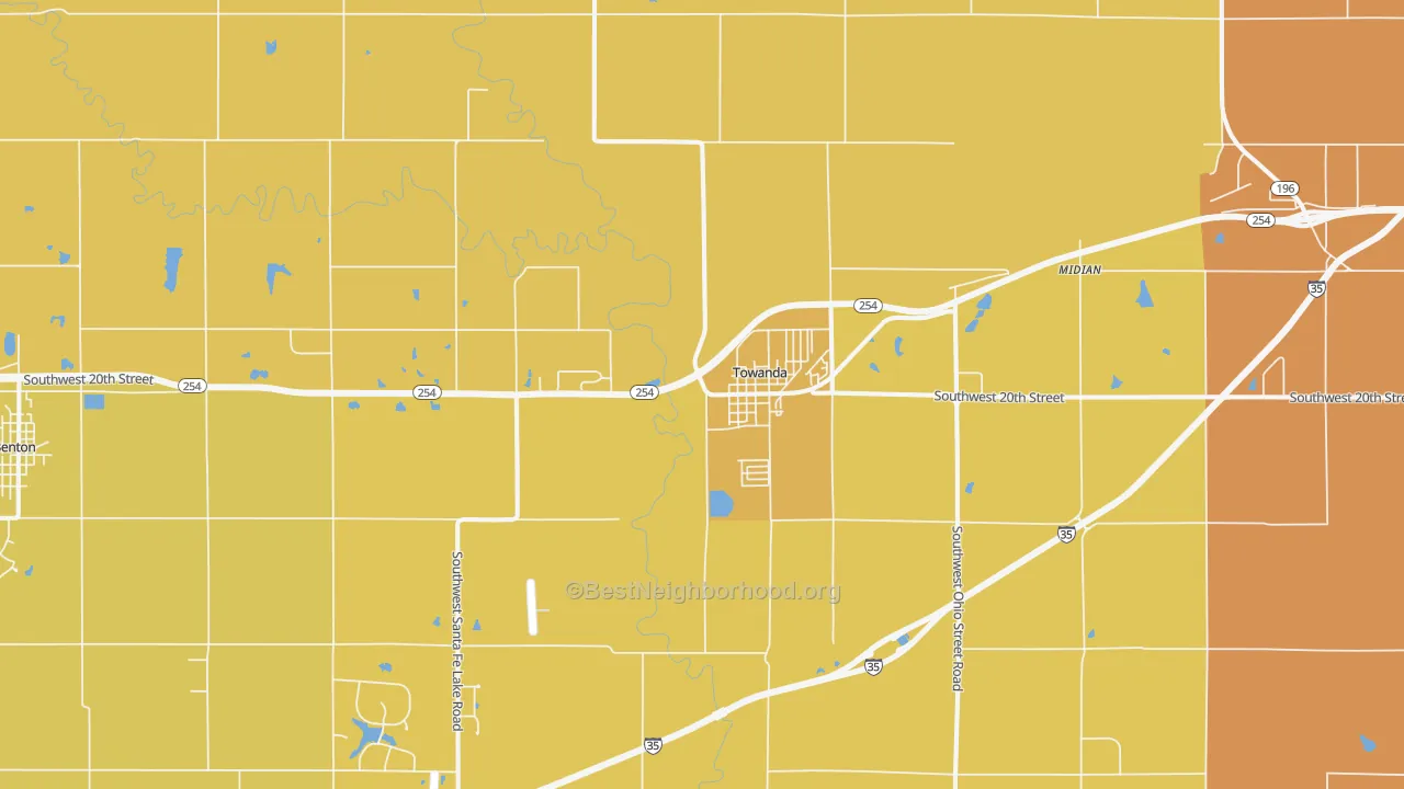 Map of the best neighborhoods in the 67144 area, with better matches in green and worse matches in red