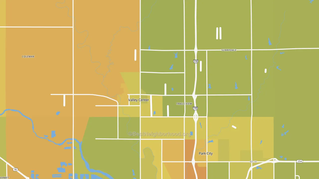 Map of the best neighborhoods in the 67147 area, with better matches in green and worse matches in red