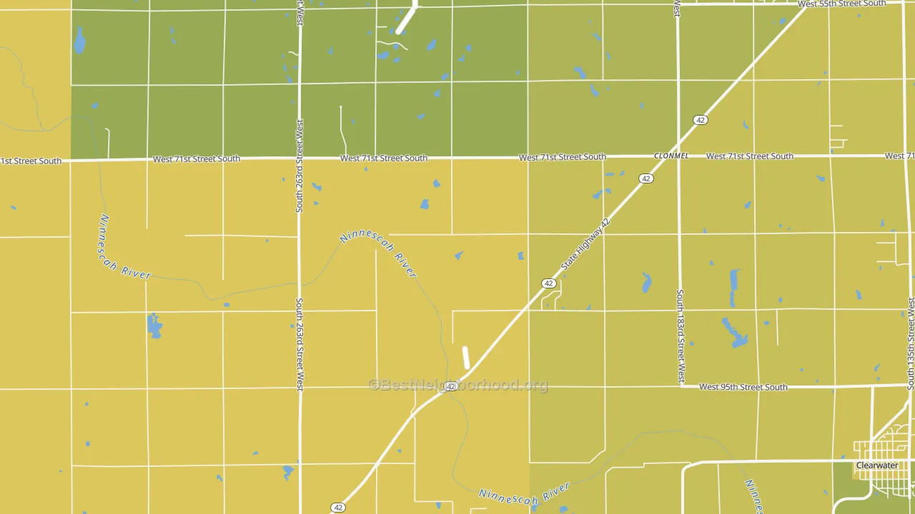 Map of the best neighborhoods in the 67149 area, with better matches in green and worse matches in red