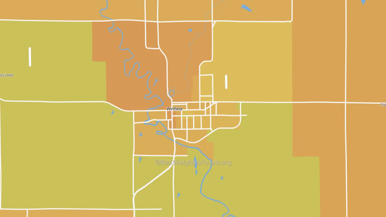 Map of the best neighborhoods in the 67156 area, with better matches in green and worse matches in red