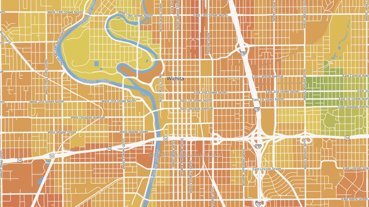 Map of the best neighborhoods in the 67202 area, with better matches in green and worse matches in red