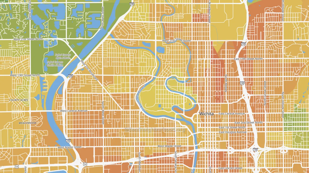 Map of the best neighborhoods in the 67203 area, with better matches in green and worse matches in red