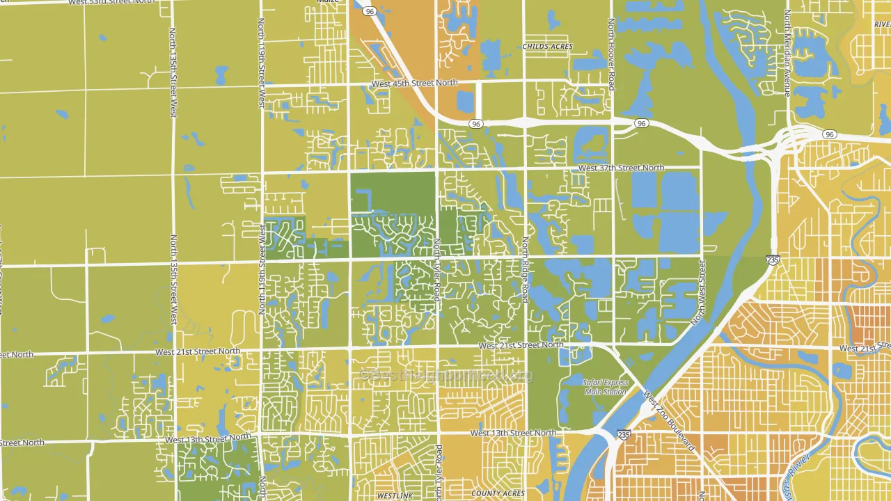 Map of the best neighborhoods in the 67205 area, with better matches in green and worse matches in red