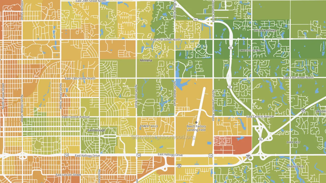 Map of the best neighborhoods in the 67206 area, with better matches in green and worse matches in red