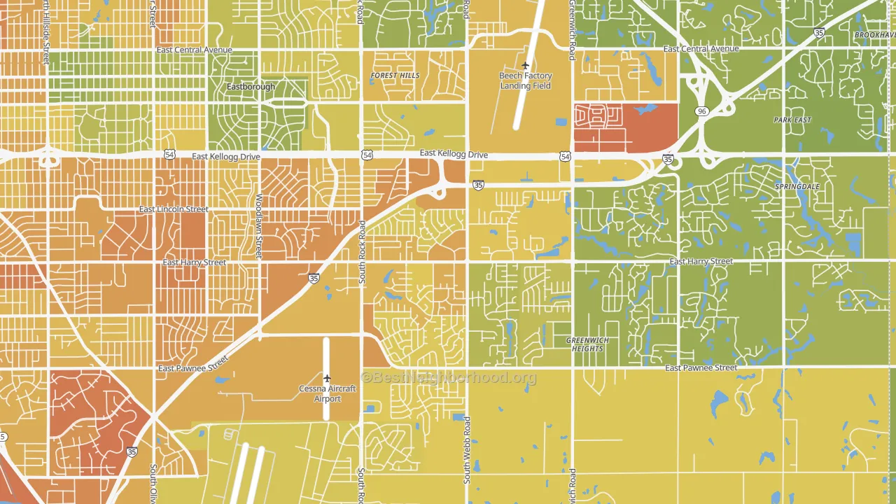 Map of the best neighborhoods in the 67207 area, with better matches in green and worse matches in red