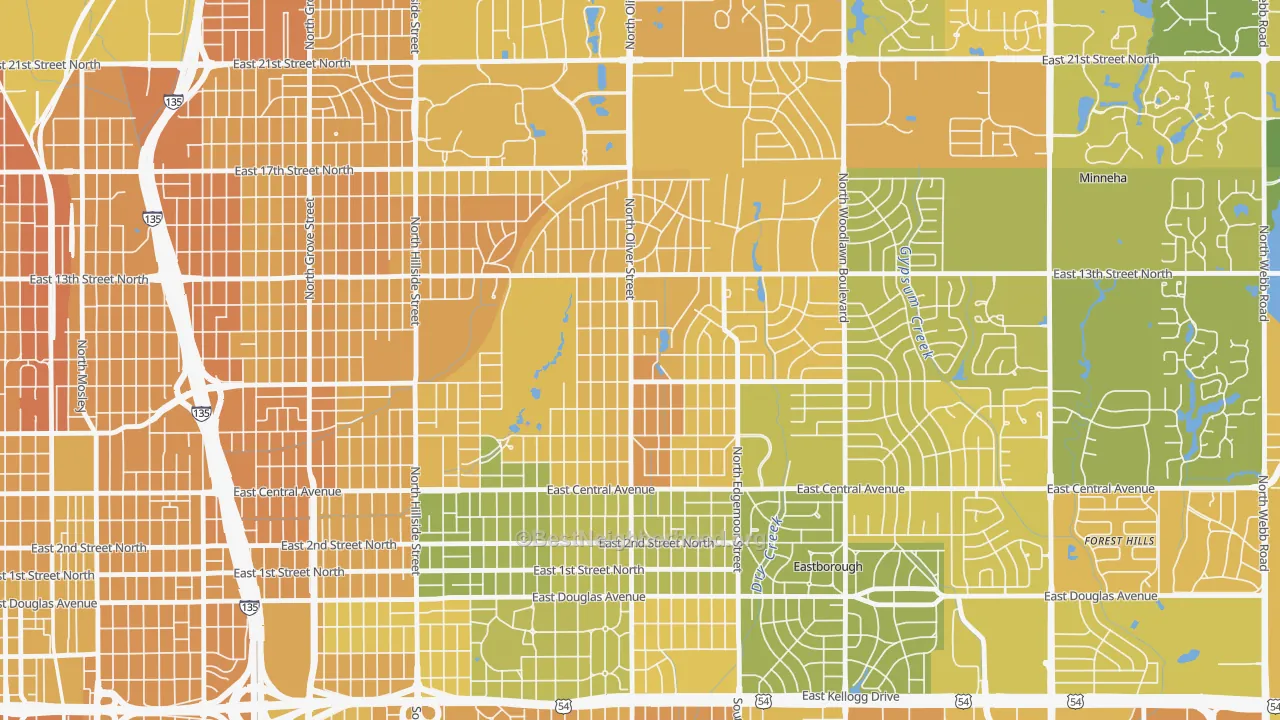 Map of the best neighborhoods in the 67208 area, with better matches in green and worse matches in red