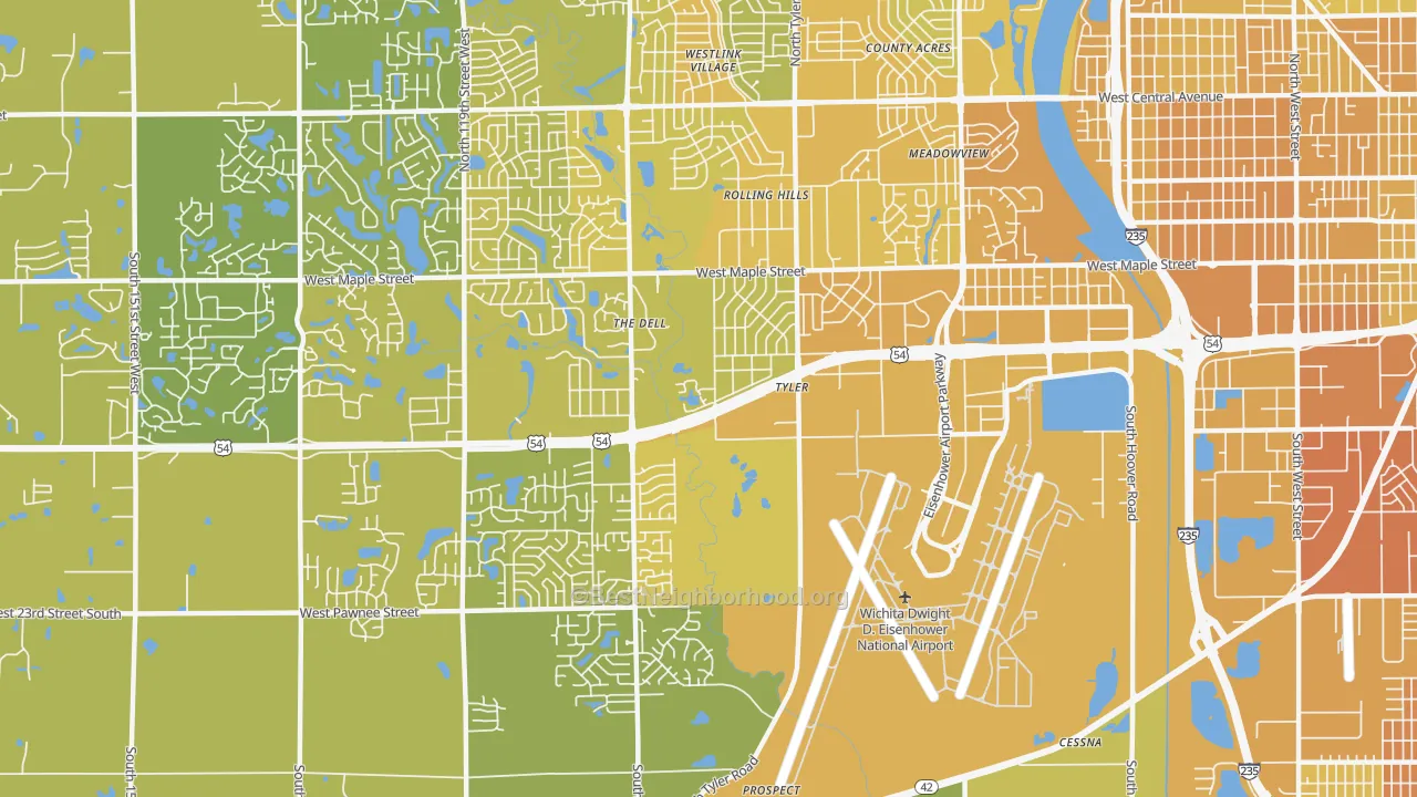 Map of the best neighborhoods in the 67209 area, with better matches in green and worse matches in red