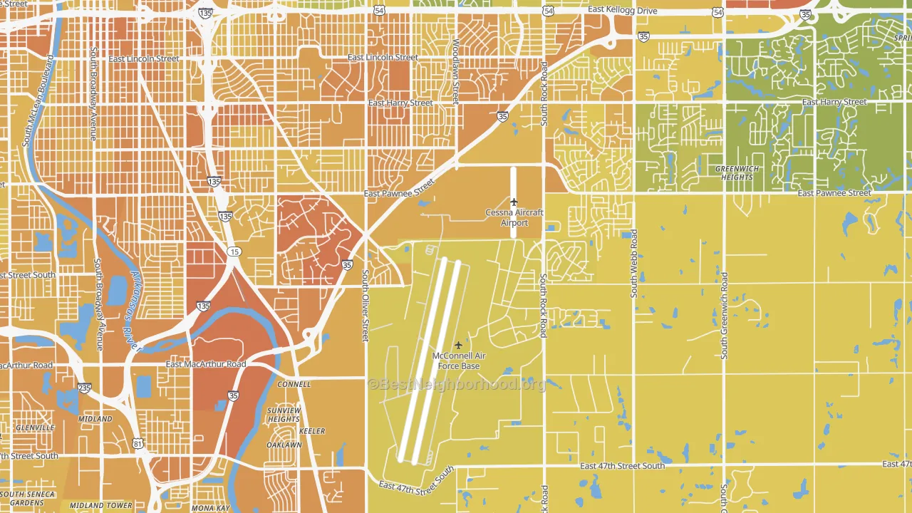 Map of the best neighborhoods in the 67210 area, with better matches in green and worse matches in red