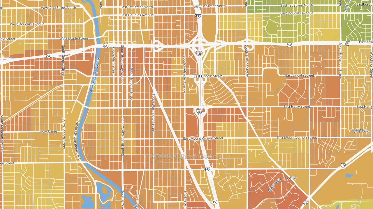 Map of the best neighborhoods in the 67211 area, with better matches in green and worse matches in red