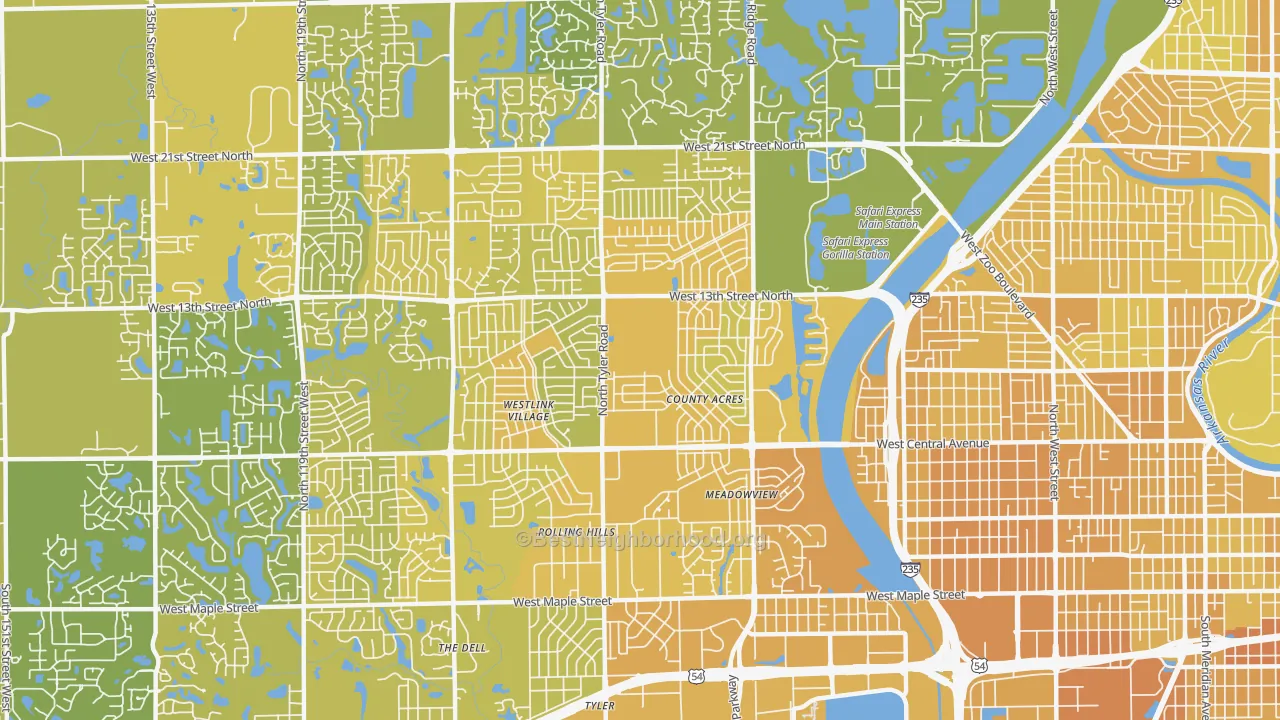 Map of the best neighborhoods in the 67212 area, with better matches in green and worse matches in red