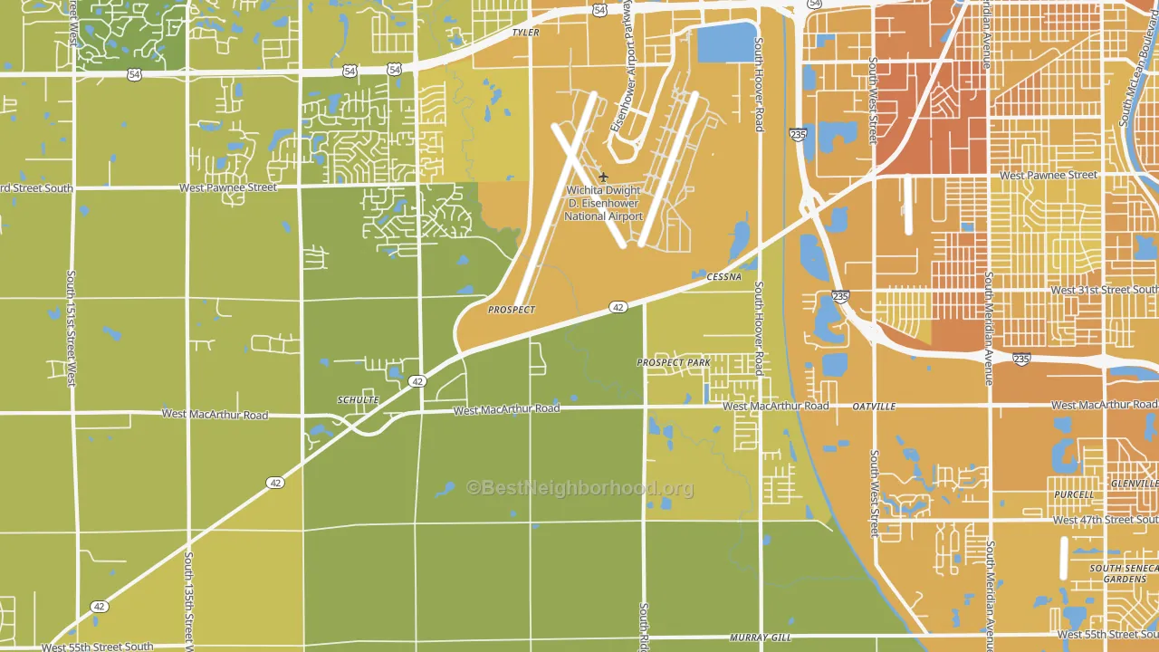 Map of the best neighborhoods in the 67215 area, with better matches in green and worse matches in red