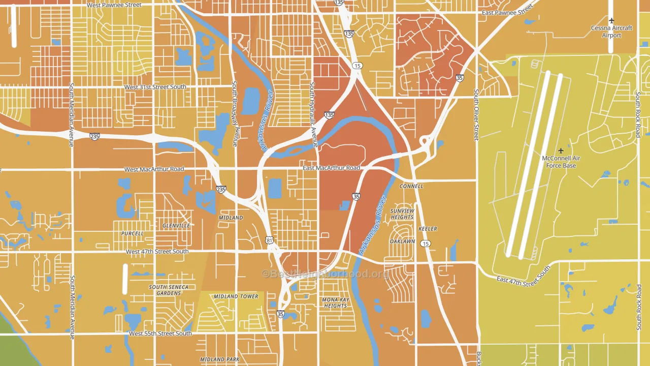 Map of the best neighborhoods in the 67216 area, with better matches in green and worse matches in red