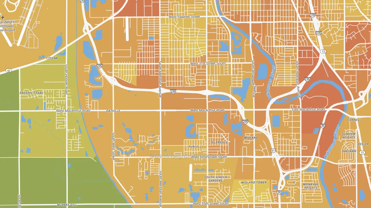 Map of the best neighborhoods in the 67217 area, with better matches in green and worse matches in red