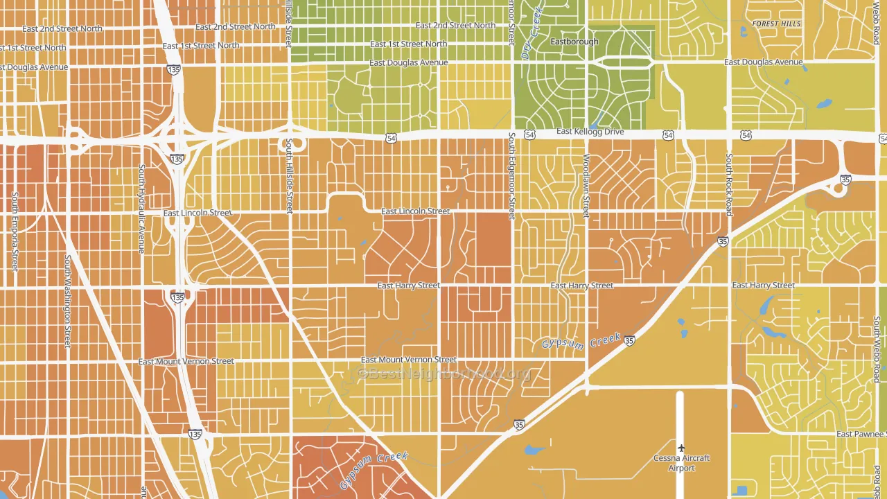 Map of the best neighborhoods in the 67218 area, with better matches in green and worse matches in red