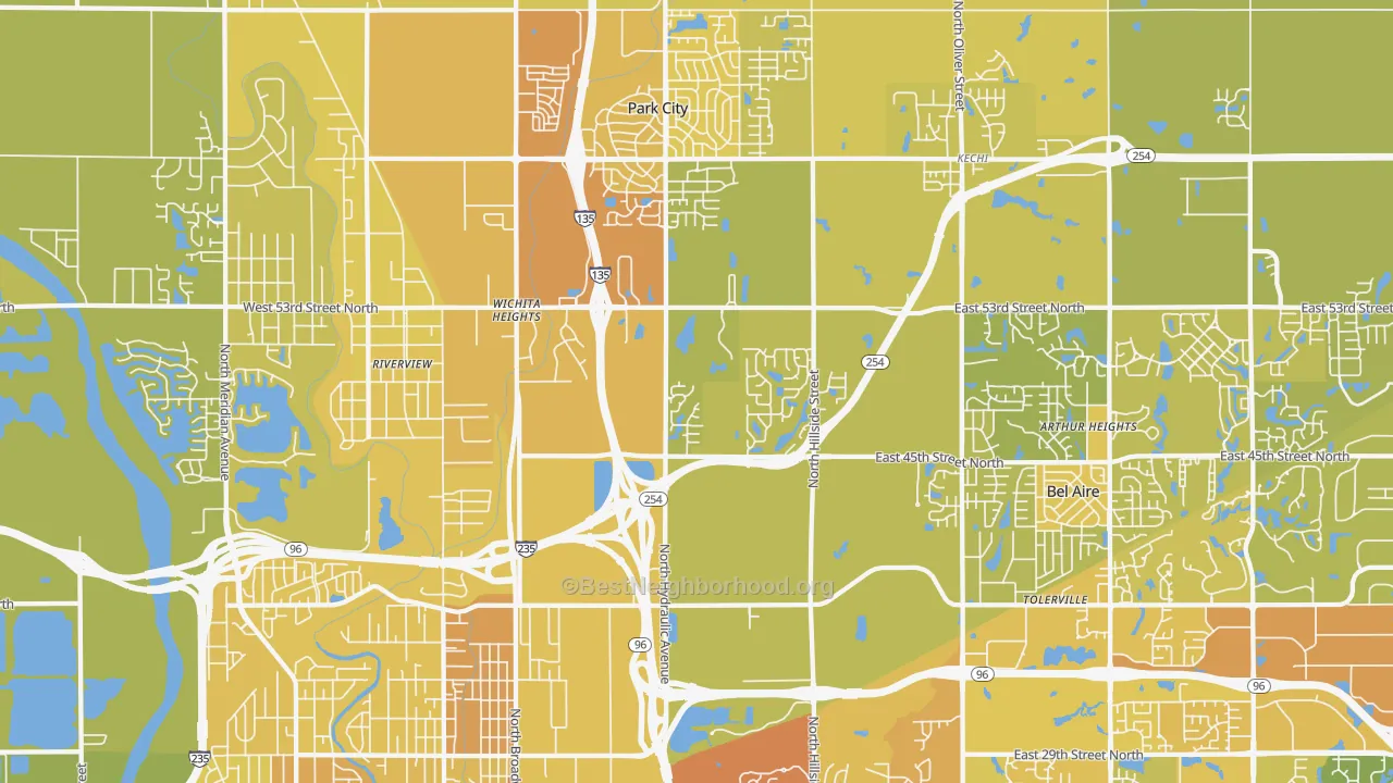 Map of the best neighborhoods in the 67219 area, with better matches in green and worse matches in red