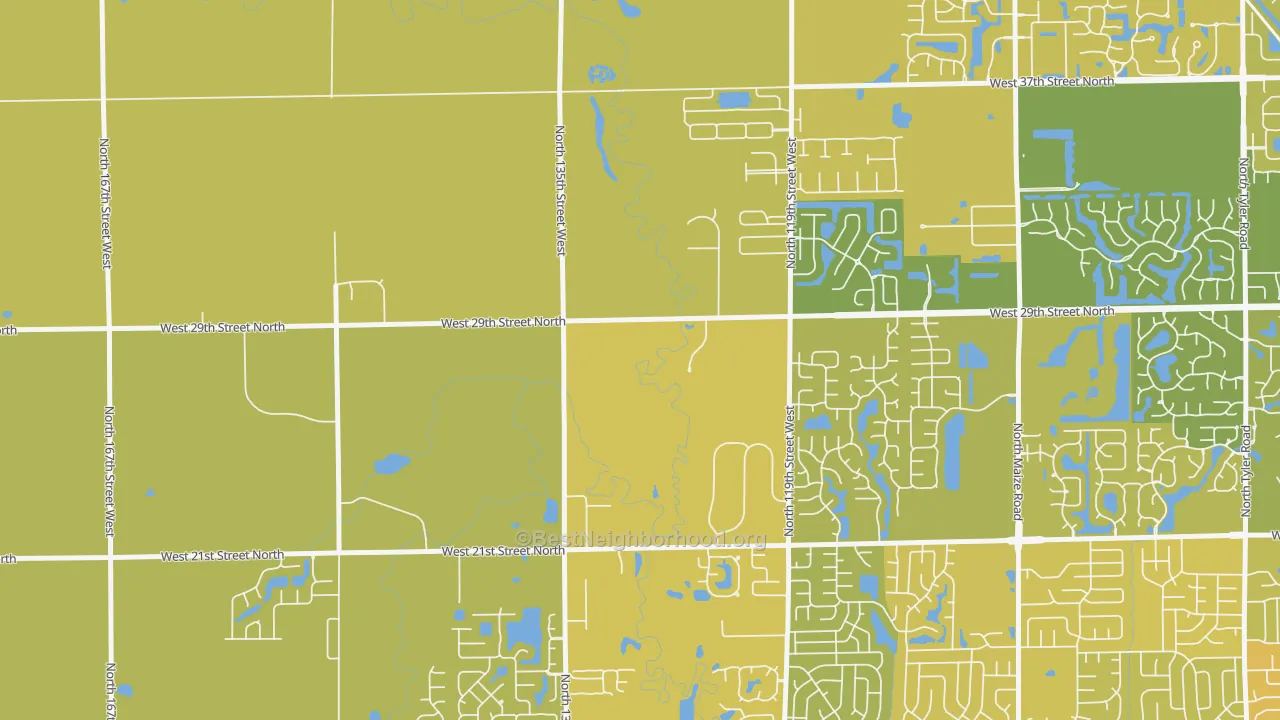 Map of the best neighborhoods in the 67223 area, with better matches in green and worse matches in red