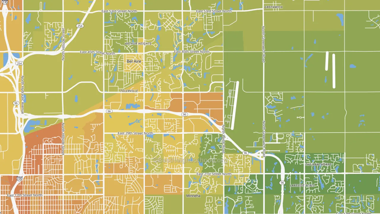 Map of the best neighborhoods in the 67226 area, with better matches in green and worse matches in red