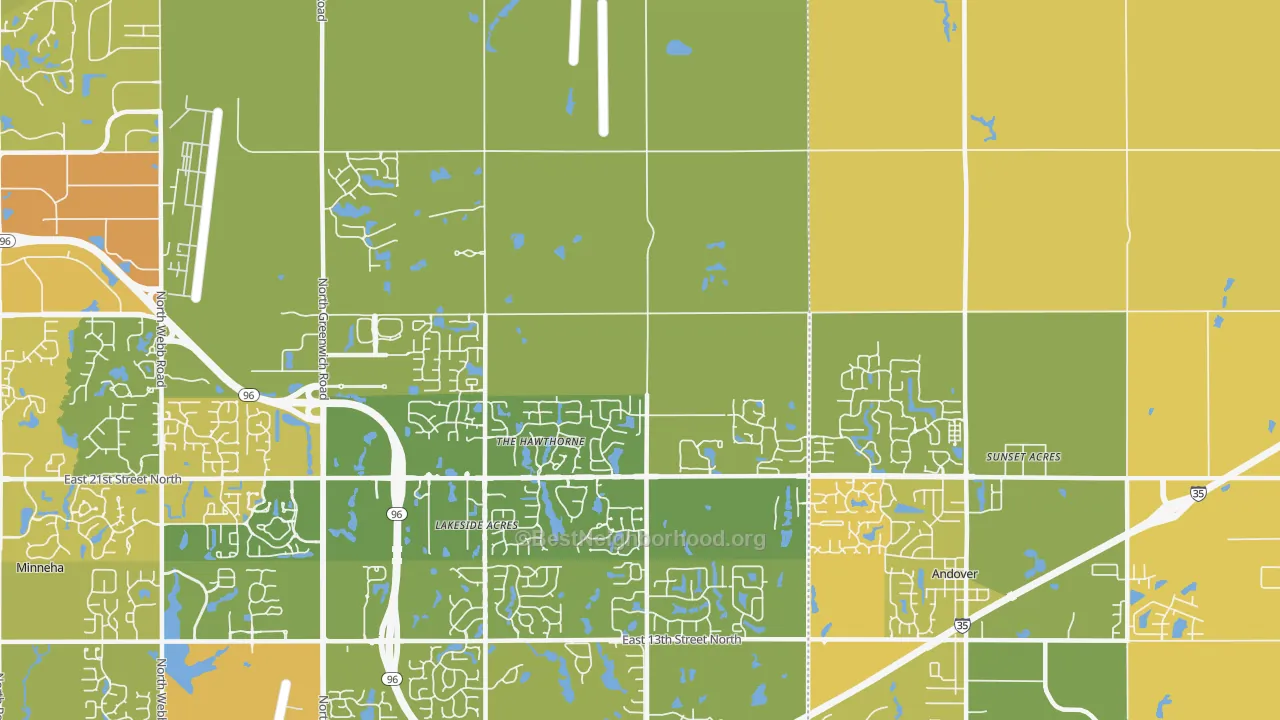 Map of the best neighborhoods in the 67228 area, with better matches in green and worse matches in red
