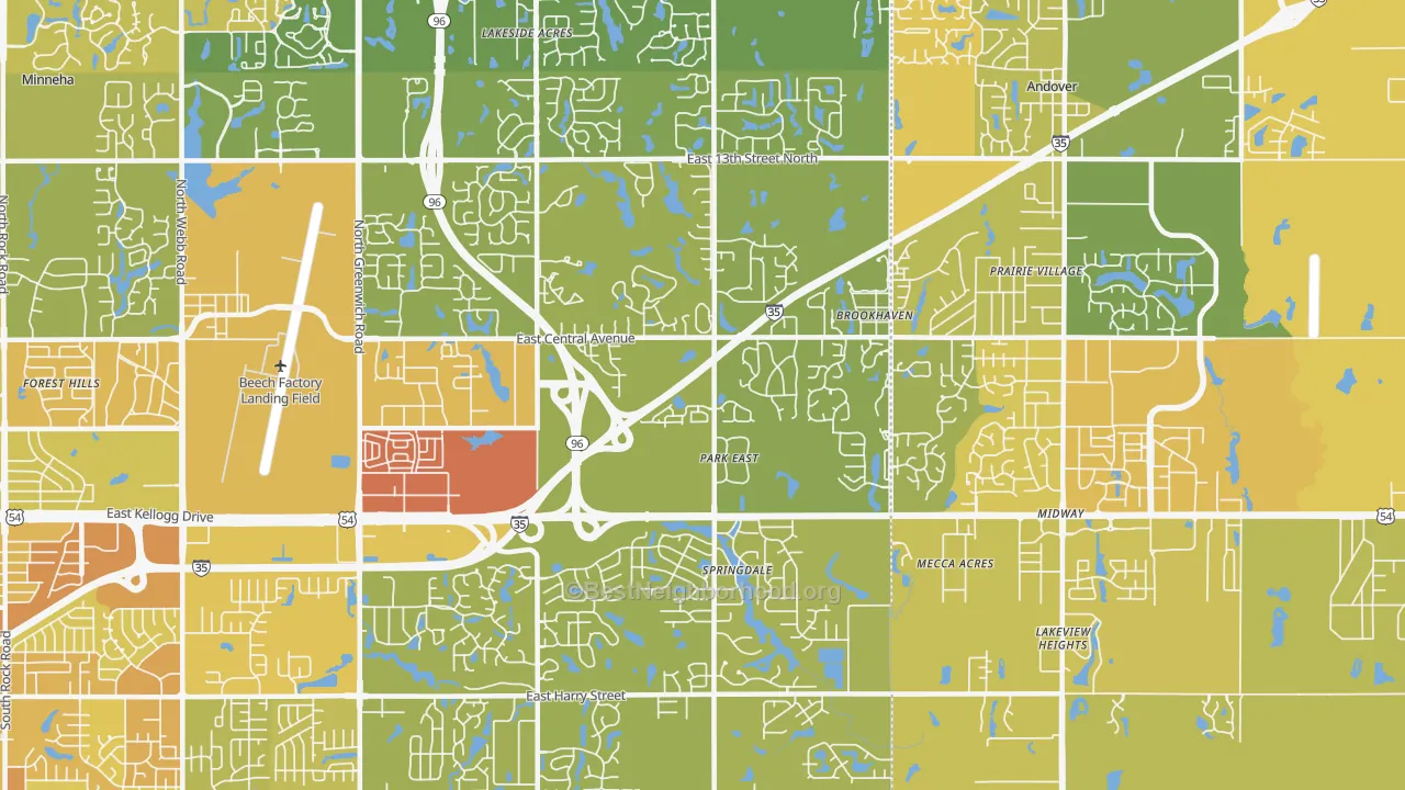 Map of the best neighborhoods in the 67230 area, with better matches in green and worse matches in red