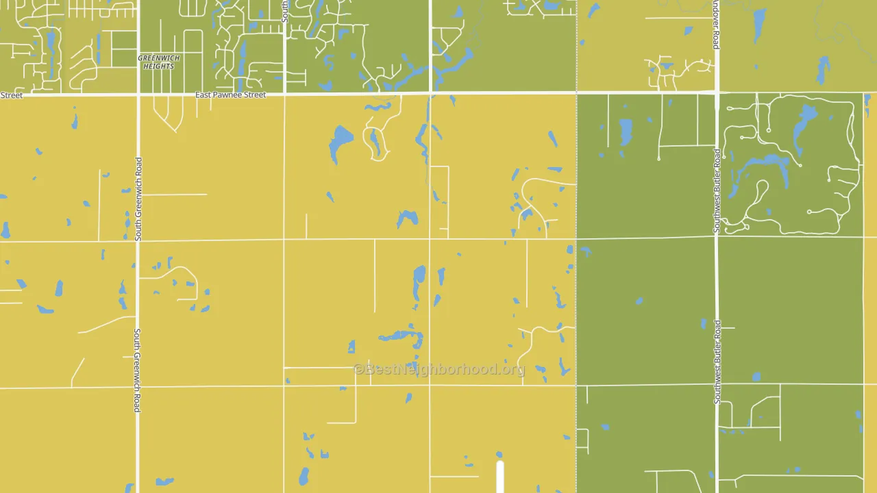 Map of the best neighborhoods in the 67232 area, with better matches in green and worse matches in red