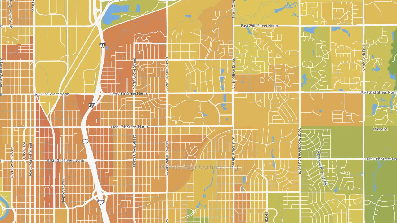 Map of the best neighborhoods in the 67260 area, with better matches in green and worse matches in red