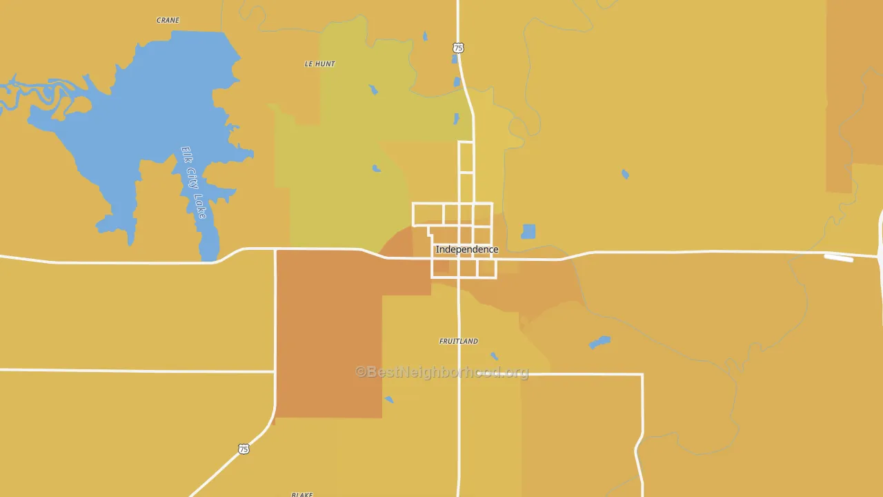 Map of the best neighborhoods in the 67301 area, with better matches in green and worse matches in red