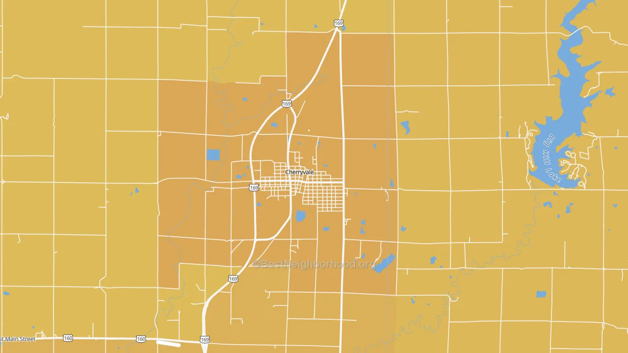 Map of the best neighborhoods in the 67335 area, with better matches in green and worse matches in red