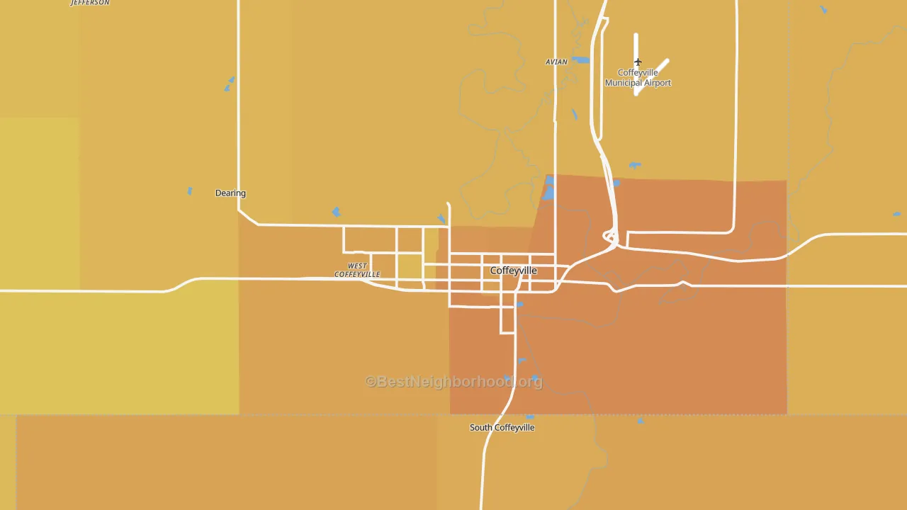 Map of the best neighborhoods in the 67337 area, with better matches in green and worse matches in red