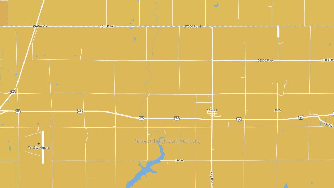 Map of the best neighborhoods in the 67341 area, with better matches in green and worse matches in red