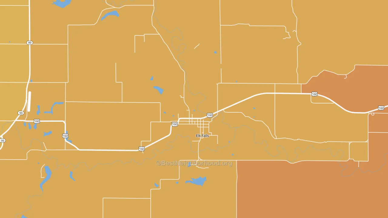 Map of the best neighborhoods in the 67345 area, with better matches in green and worse matches in red