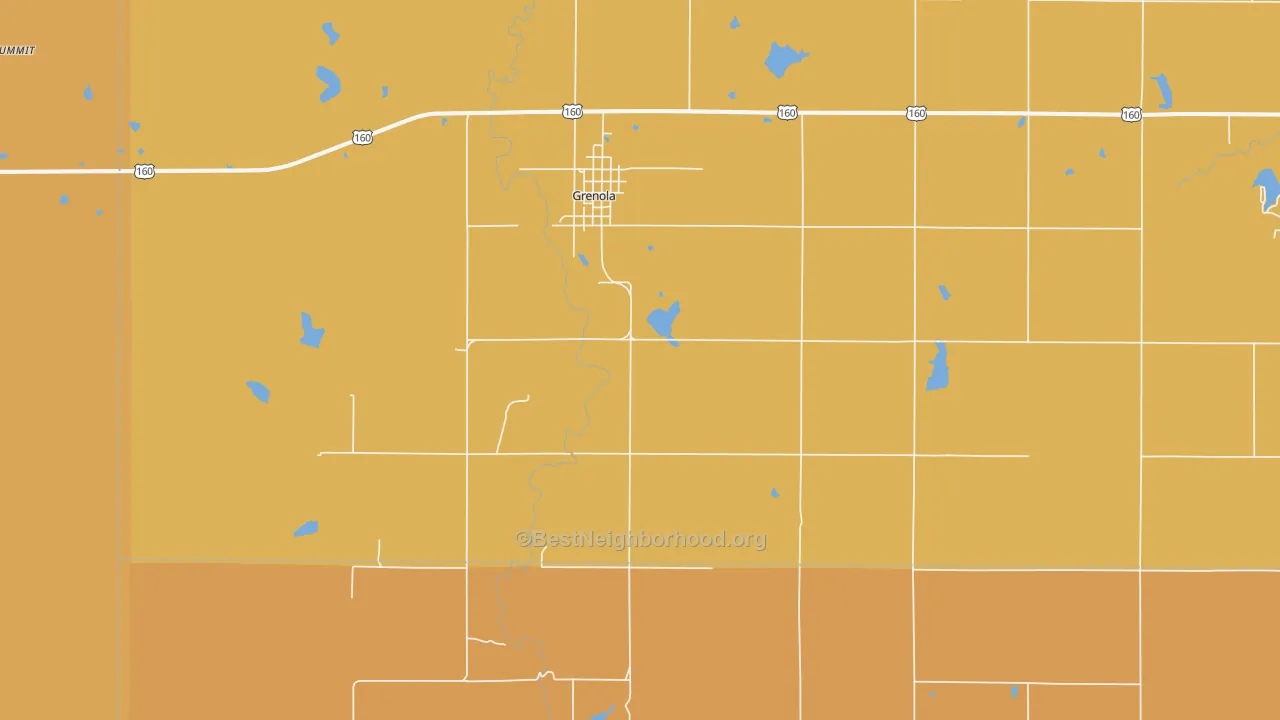 Map of the best neighborhoods in the 67346 area, with better matches in green and worse matches in red