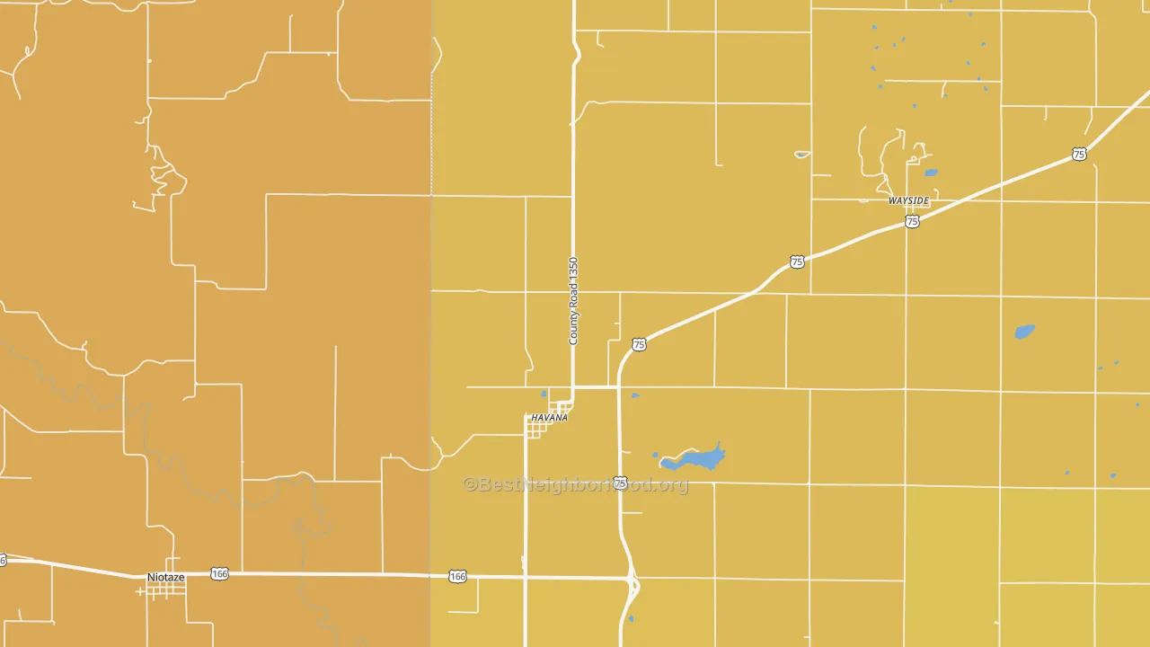 Map of the best neighborhoods in the 67347 area, with better matches in green and worse matches in red