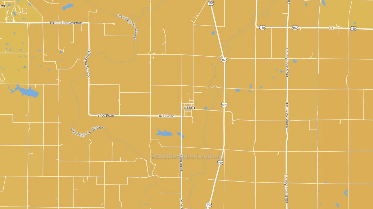 Map of the best neighborhoods in the 67351 area, with better matches in green and worse matches in red