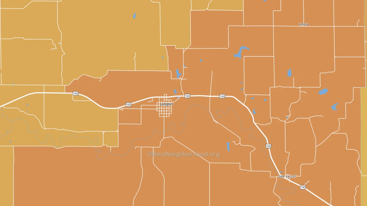 Map of the best neighborhoods in the 67352 area, with better matches in green and worse matches in red