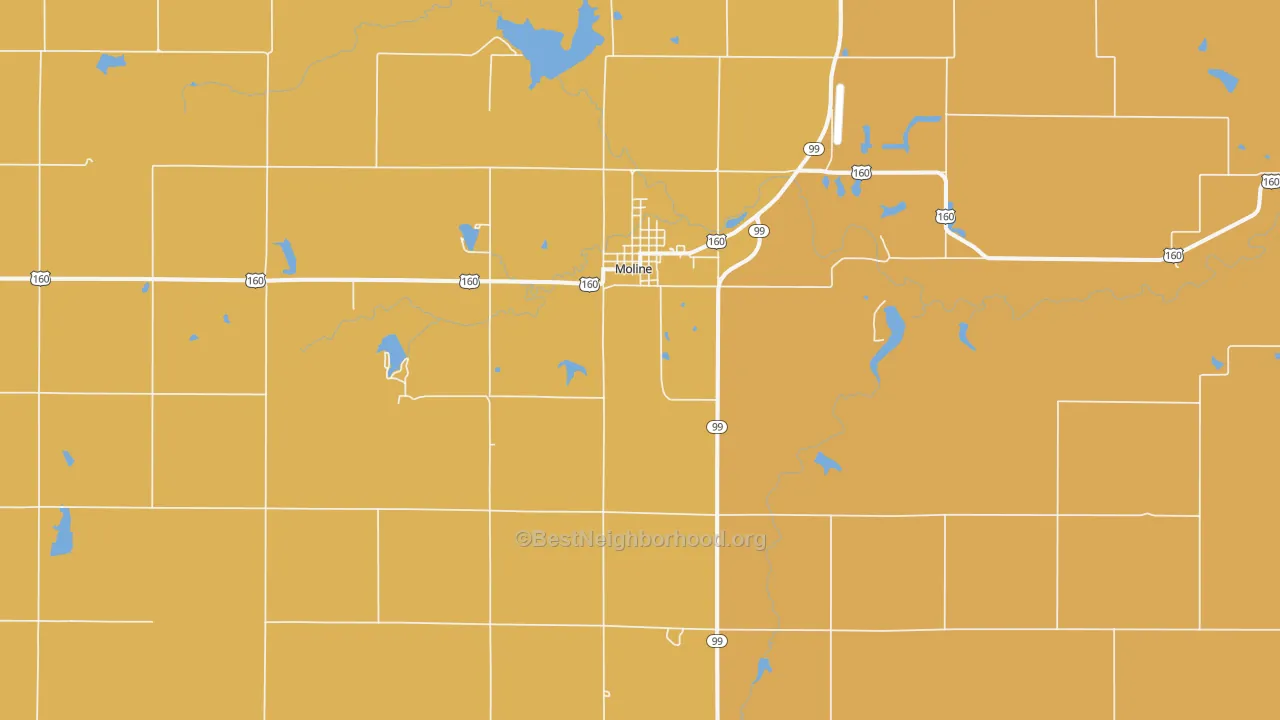 Map of the best neighborhoods in the 67353 area, with better matches in green and worse matches in red
